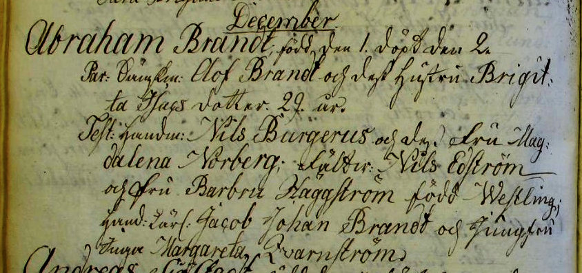 Udsnit af kirkebog, Daab af Abraham Brandt